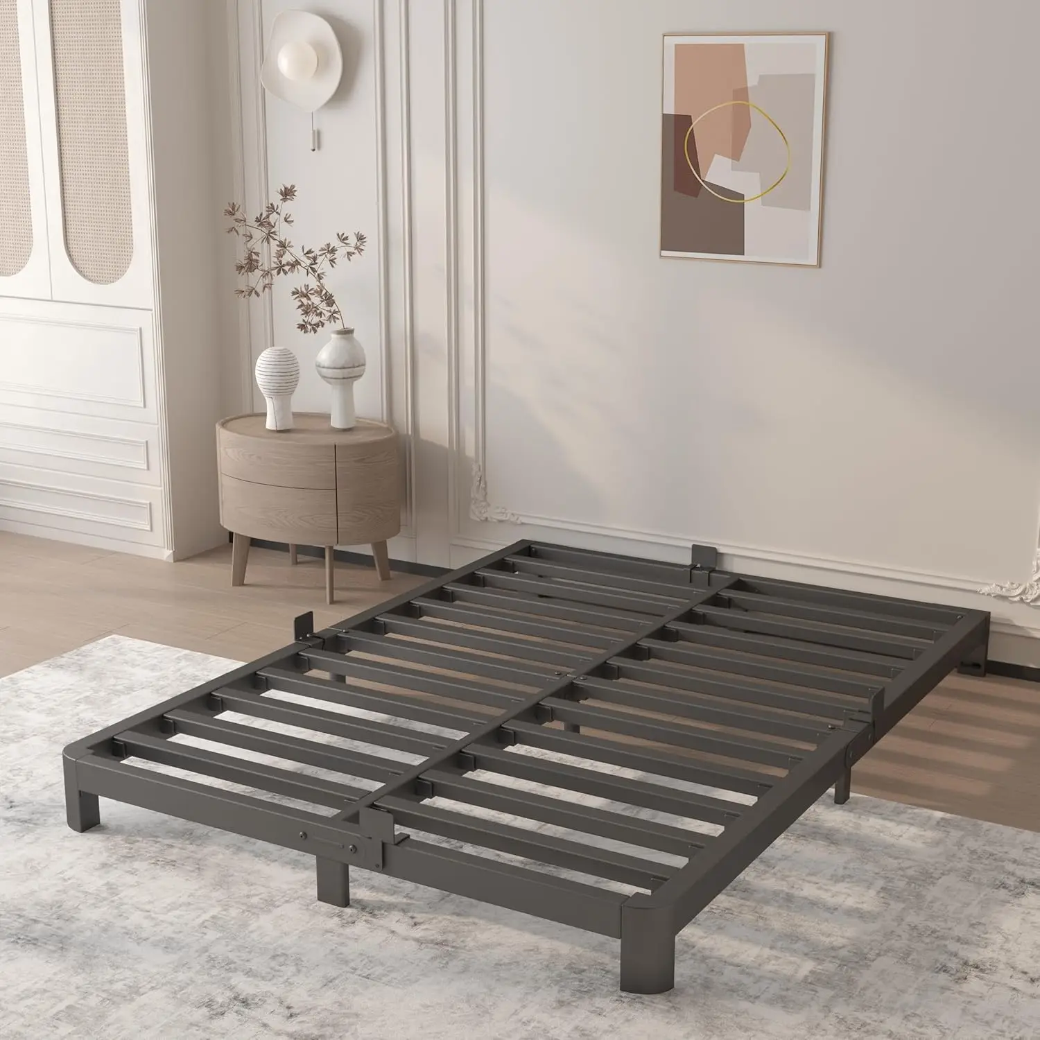 

4 Inch Queen Bed Frame No Box Spring Needed, Platform Bed Frame with Metal Gaskets, Heavy Duty Steel Slat Support,, Customized