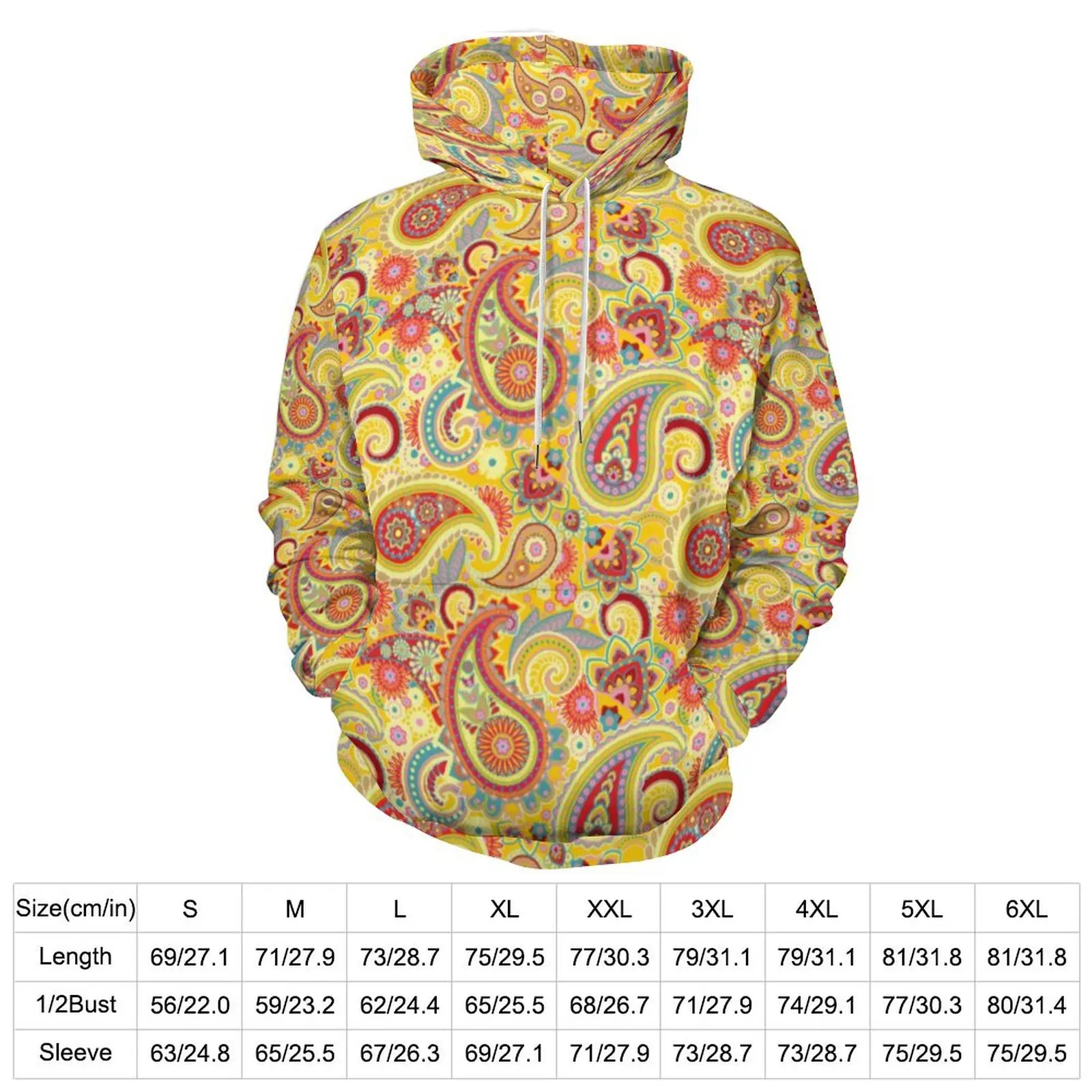 Yellow Retro Paisley Casual Hoodies Long Sleeve Trippy Hippy Print Cool Pullover Hoodie Winter Street Style Oversized Clothes