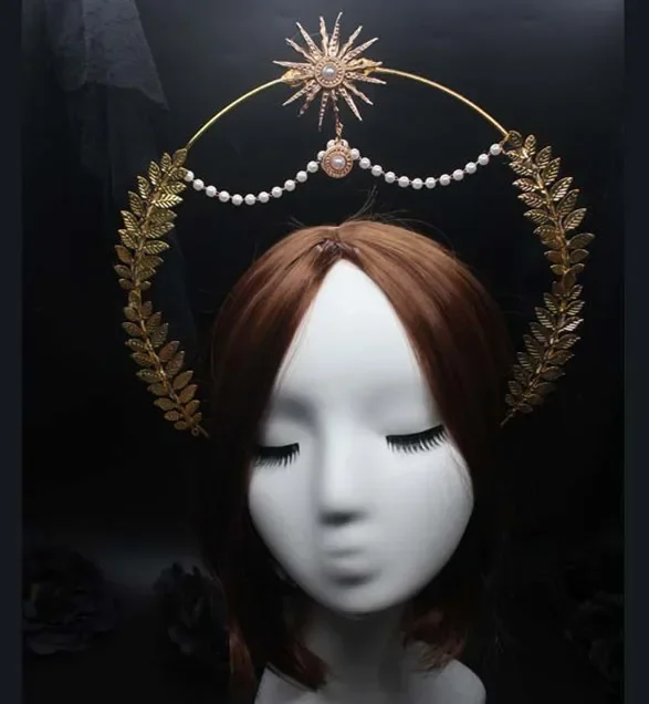 Cosplay Gothic Lolita Halo Crown Headband Material Package Halloween Vintage Sun Goddess Baroque Halo Wedding Headpiece Handmade