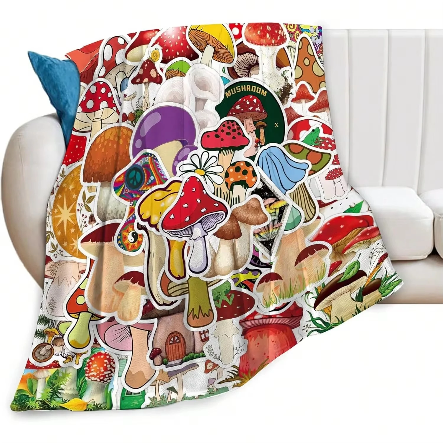 Blanket Throw Mushroom Print Colorful Mushroom Sticker Collage Flannel Blanket Cartoon Pattern Sofa Bedroom Indoor Decor Soft
