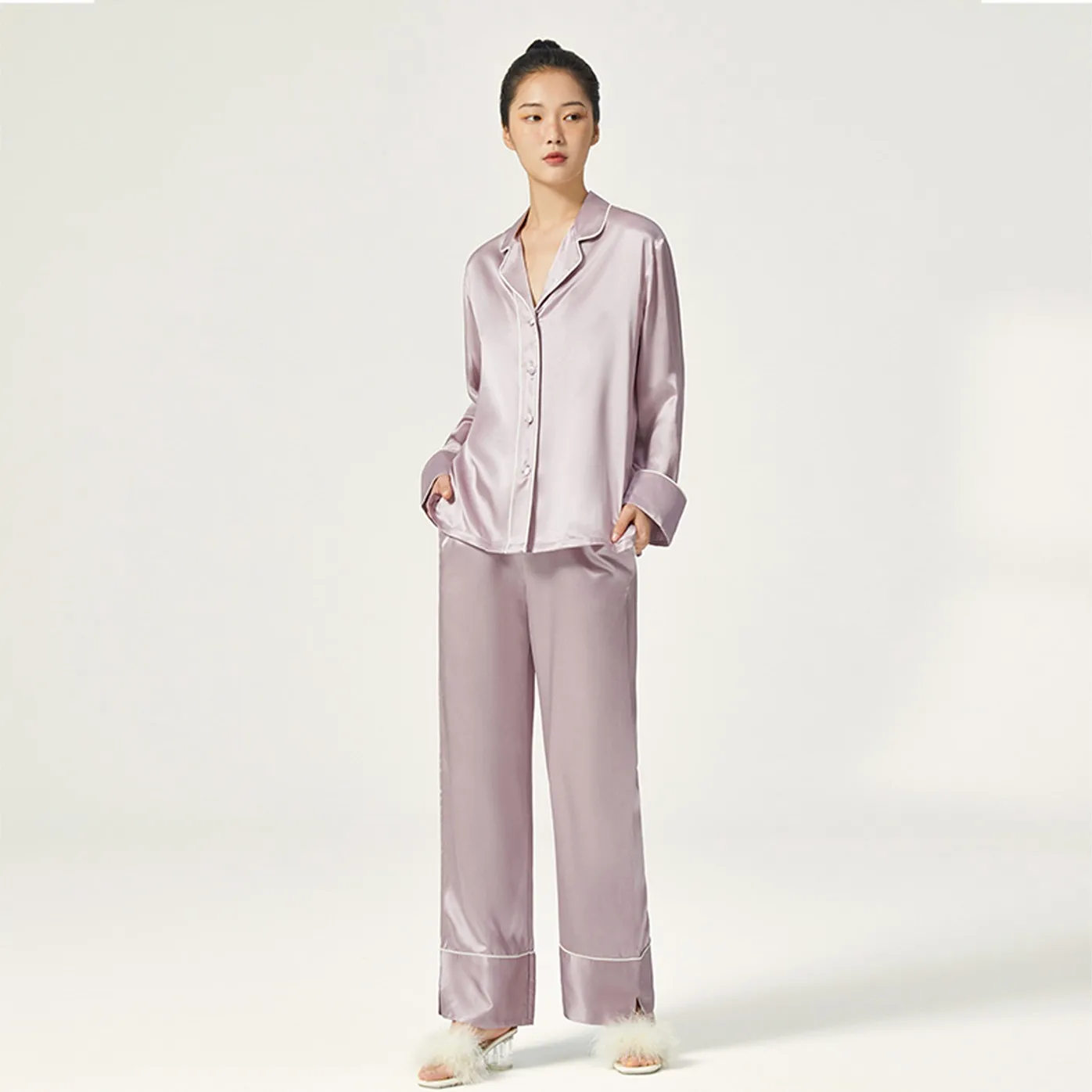 Pure Silk Pajamas Women Solid Color Button Up Sleepwear Elegant Antibacterial Nightwear Casual Loungewear for Spring Summer
