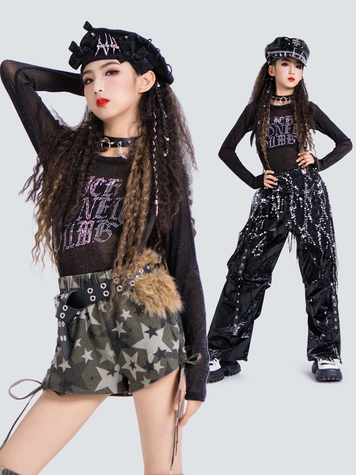 2025 الأطفال الهيب هوب الرقص أزياء مسرحية شبكة القمم بنطال جلدي Kpop وتتسابق للفتيات الجاز الرقص مرحلة الملابس DQS21649