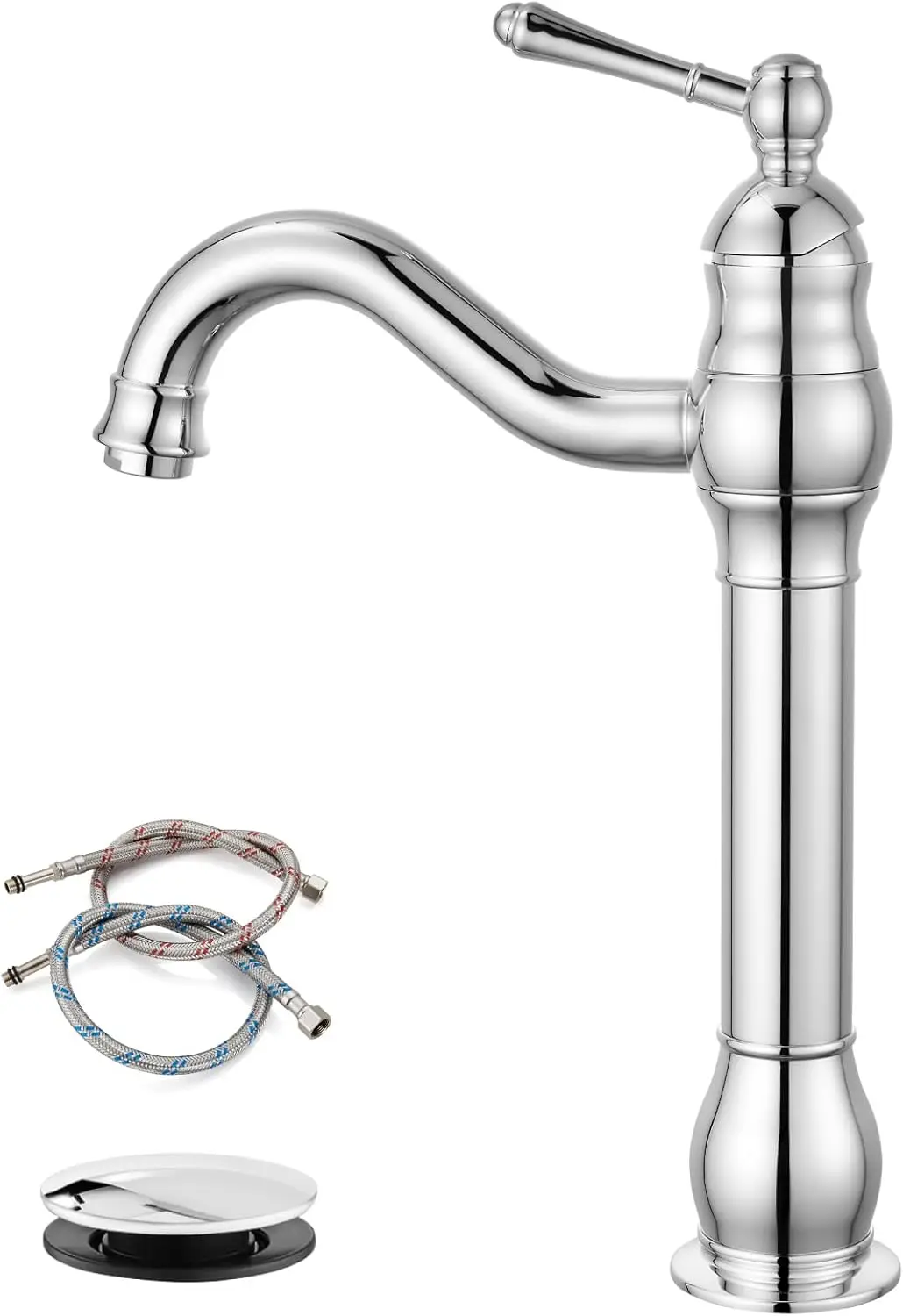 

360° Swivel Spout Single Handle Tall Bathroom Faucet with Pop Up Drain, Polish Chrome Finish for Farmhouse Sink