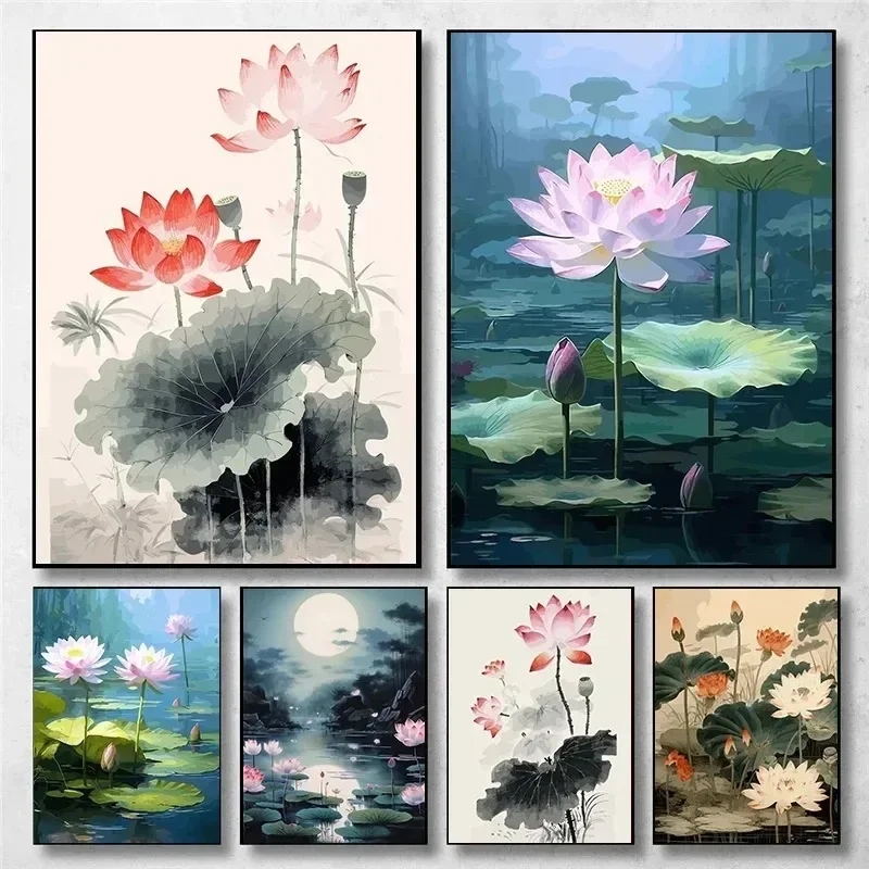 Vintage Traditonal Chinese Style Lotus Flower Pond Moonlight Landscape Art Poster Canvas Painting Wall Prints Picture Home De
