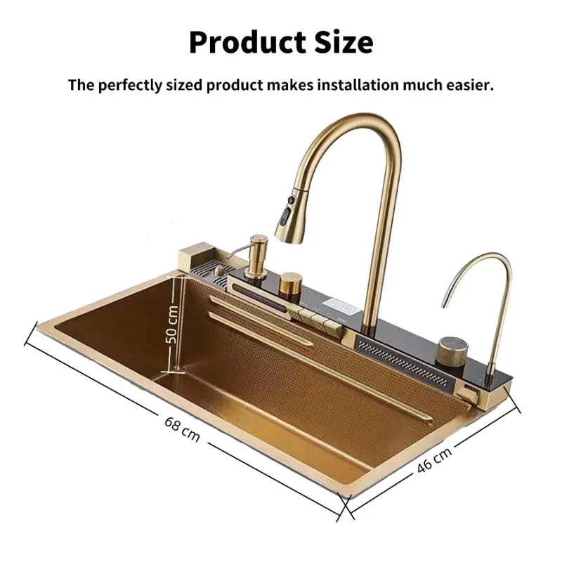 Gold Coated 304 Stainless Steel Nano Surface Kitchen Sink-Large Single Bowl with LCD Display Copper Faucet for Modern Home