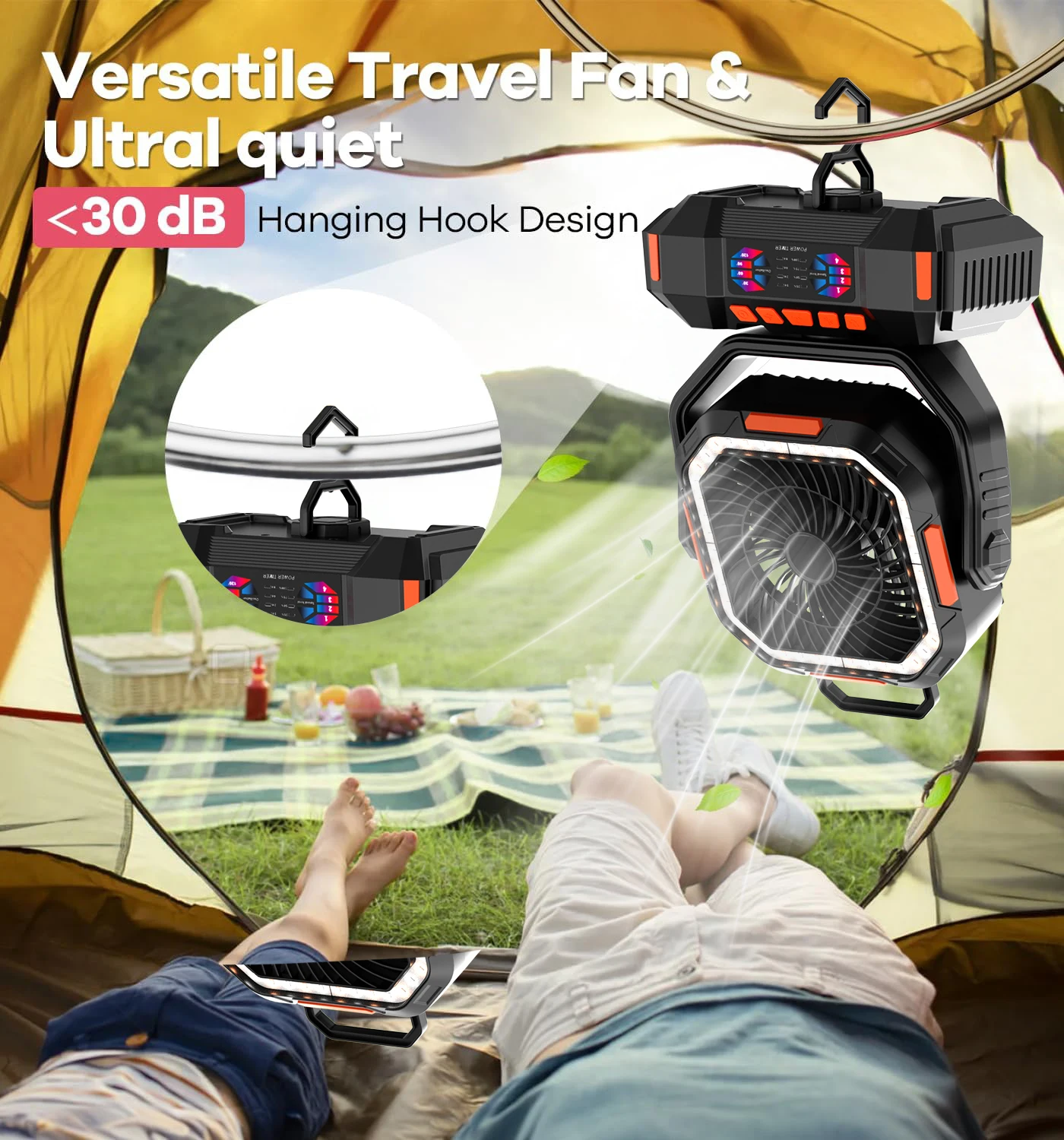 Camping Fan 40000mAh Battery Powered Fan Rechargeable  4 Speeds with LED Lantern -  Hanging Portable Outdoor cold fan Tent Fans image 4