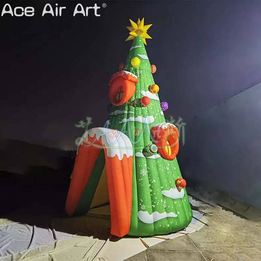 A Unique Christmas Tree House Inflatable Pitched Tent with Star and an Entrance for Festival Parties