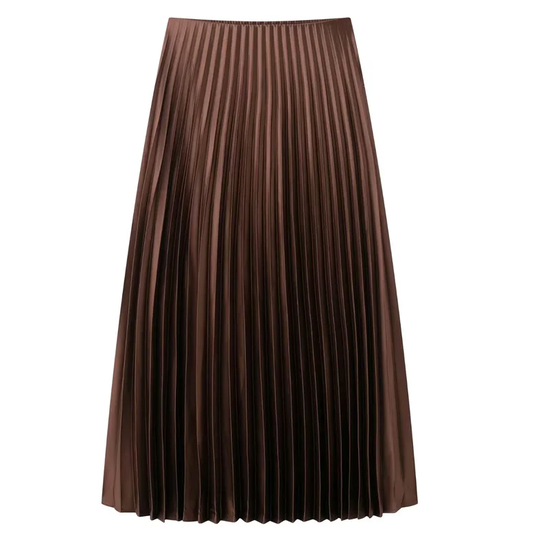 HXAO 여성을위한 새로운 롱 스커트 Pleated 우아한 여성 스커트 여름 새틴 미디 스커트 하이 웨이스트 브라운 스커트 솔리드 캐주얼 스커트