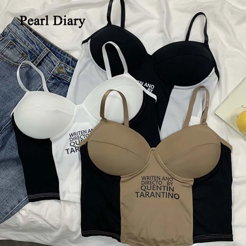 

Pearl Diary Sleeveless Slim Knitted Tops Women Basic Underwear Padded Bra Spaghetti Solid Crop Top Camis With Bra Women Tank Top