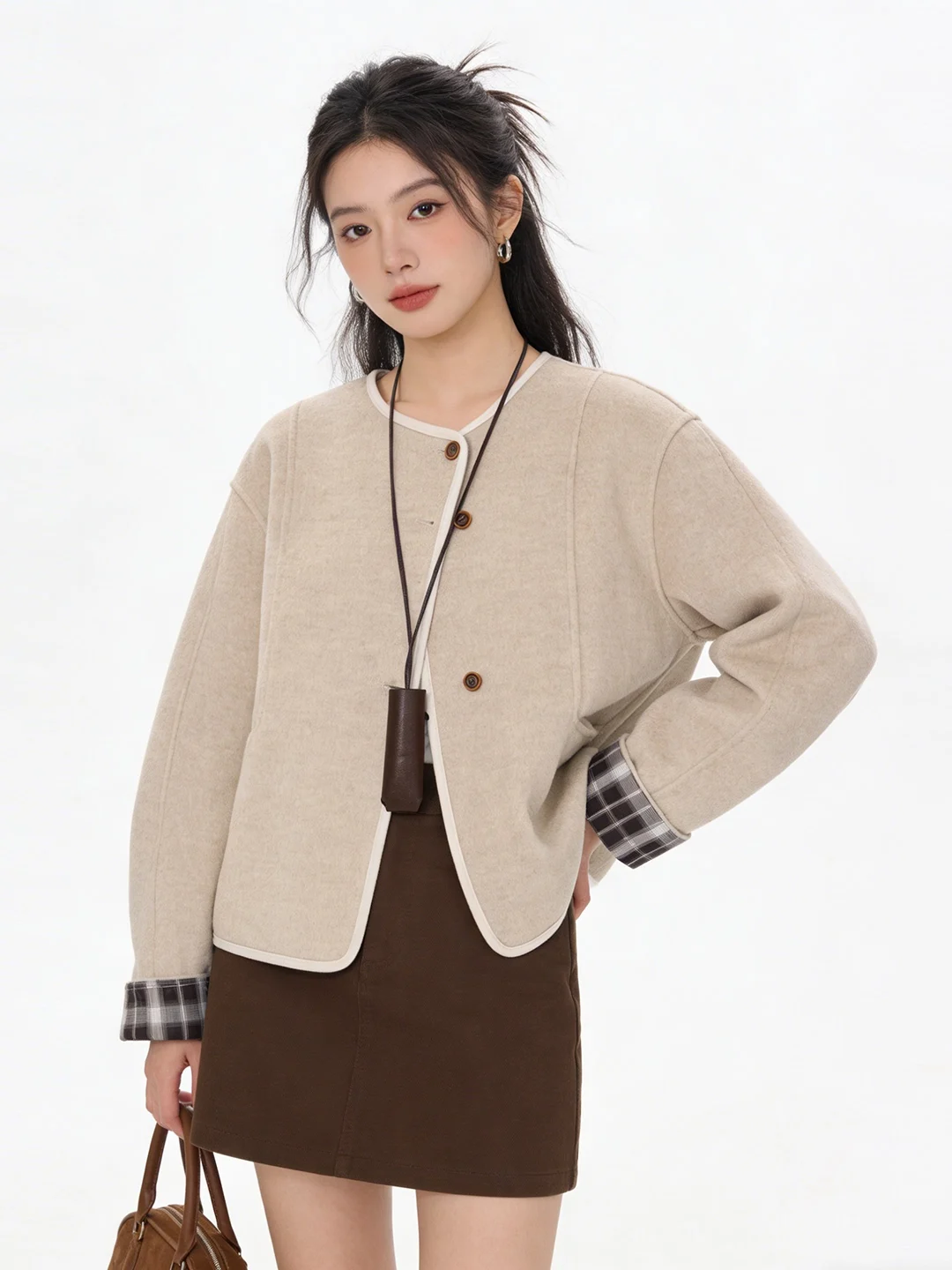 

Double-Sided Woolen Plaid Splicing ort Coat Korean Sle Retro Early Spring New Arrival Ele Commuter Faion Women's Ja...