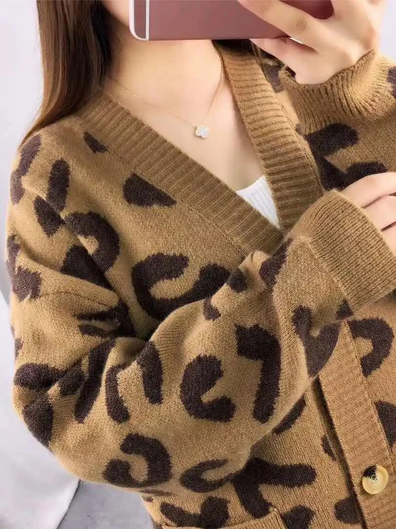 Harajuku Oversized Sweater New Autumn Winter Leopard Cardigan Casual Loose Female Knitted Open Stitch V-neck Jumper C-108