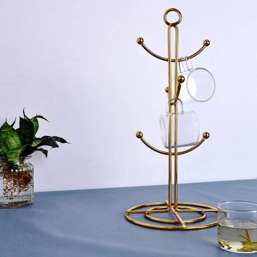 Árbol de tazas de encimera, secador de tazas de café de cocina de 6 ganchos, soporte de tazas de té de encimera de árbol, dorado
