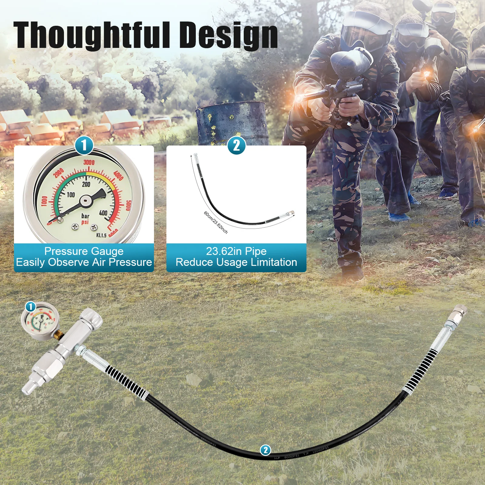 범용 4500 PSI 충전 어댑터 페인트볼 충전 다이빙 실린더 인플레이션 밸브(60cm 마이크로보어 에어 호스 포함)(CGA320)