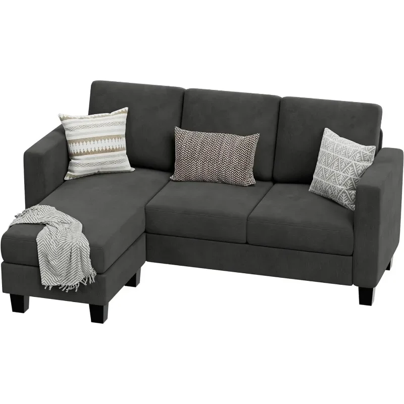 Convertible Sectional Sofa Couch, 3 Seat L-Shaped Sofa With Linen Fabric, Movable Ottoman Small Couch