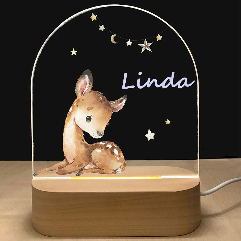 Imagem -04 - Personalizado Bebê Nascimento Night Light Nome Personalizado Floresta Woodland Amigos com Led Usb Cores Lâmpada Base de Madeira para Presente de Aniversário