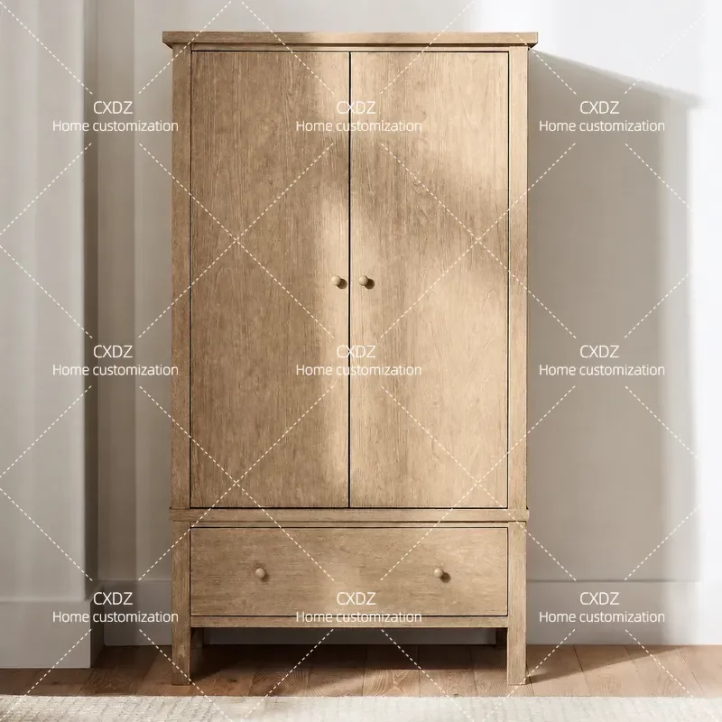 Retro Oak Double Door Wardrobe Solid Wood Locker Opposite Door Bedroom Storage Cabinet