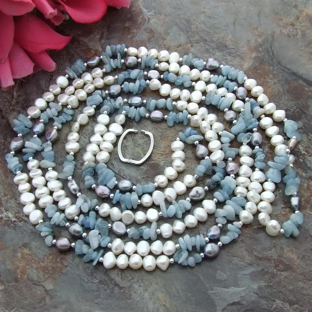 

93" natural White Baroque freshwater Pearl Genuine Aquamarine chips long Necklace Handmade Jewelry Gift