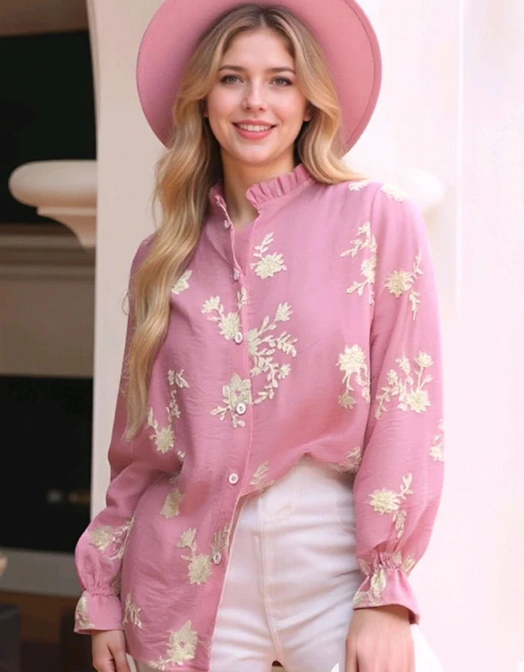 

New Embroidered Floral Long Sleeved Shirt Summer Loose Women's Retro Office Blouse Elegant Lady Single Breasted Top