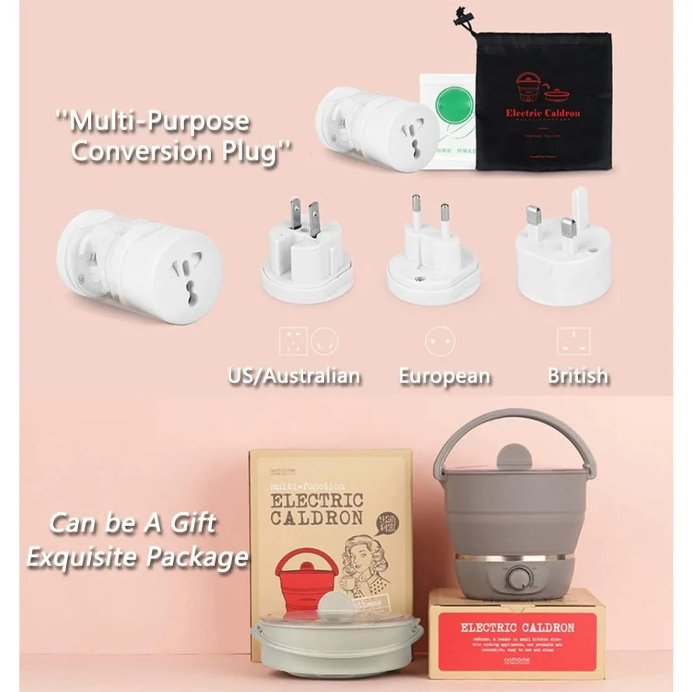 Panela elétrica para cozinhar panela quente, tensão dupla 100v-240v, panela quente de silicone de qualidade alimentar, vaporizador de água fervente