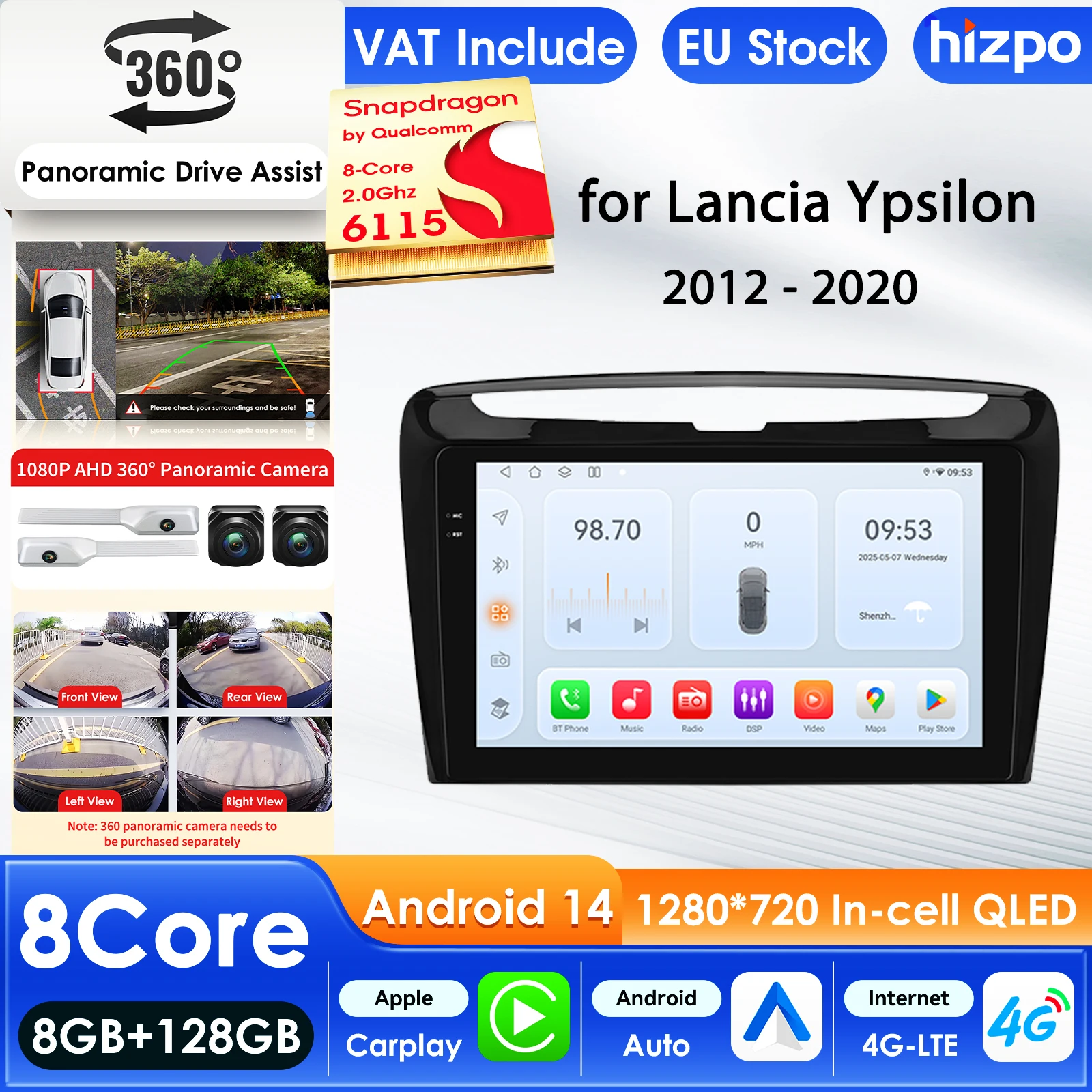 Hizpo Carplay 4G 7862 أنظمة AI أندرويد 14 راديو السيارة لانسيا Ypsilon 2012 - 2020 مشغل فيديو الوسائط المتعددة نظام تحديد المواقع 2din Autoradio