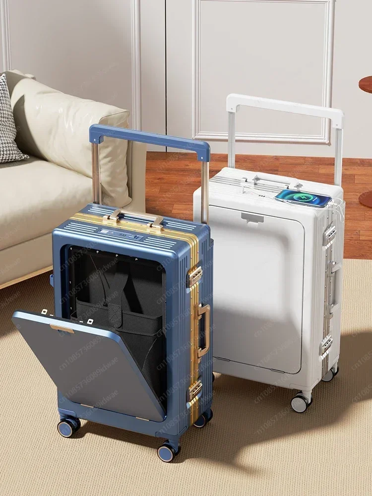 Wide trolley suitcase Front open trolley case Multifunctional boarding case 26-inch password box for men and women