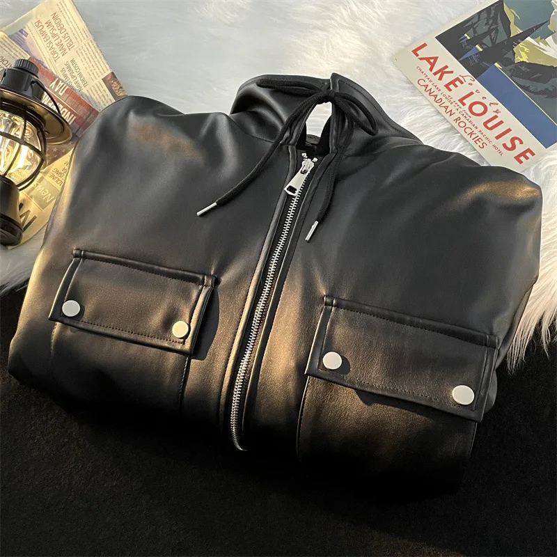 2023 New Casual Men's Leather Coat Loose Port Wind Fake Two Pu Leather Jacket Trend High Street Motorcycle Clothes Top Coats