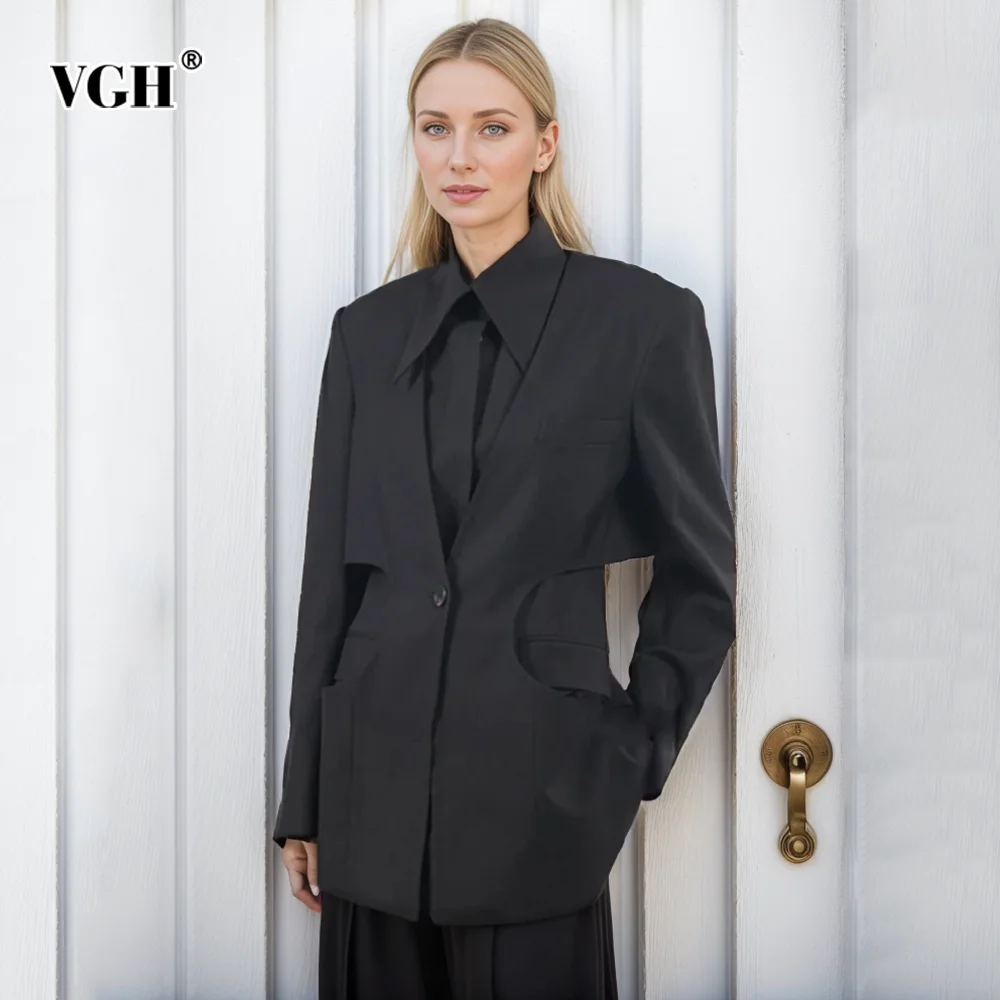 VGH Elegant Two Piece Set For Women V Neck Long Sleeve Hollow Out Coat Lapel Sleeveless Spliced Button Shirt Slim Sets Female