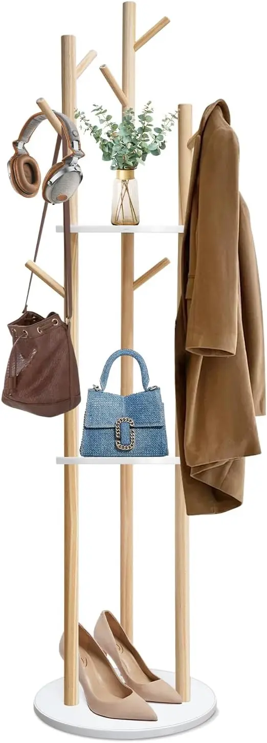 

Wood Coat Rack with 9 Hooks and 3 Shelves, Gold Stand for Entryway Hallway Bedroom Office