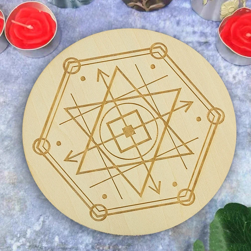 Circular Geometric Pattern Wooden Hexagram Star Crystal Energy Stone Tray Christmas Holiday Decoration Insulated Cushion Coaster