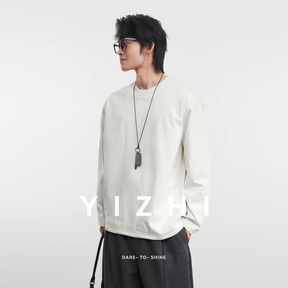 Fashion Men's Solid Color Round Neck Japanese Long-sleeved T-shirt 2025 Winter New Loose Casual Tops