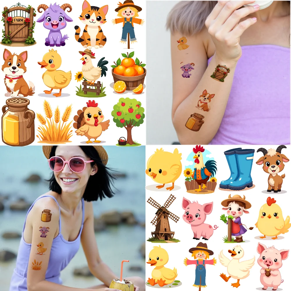 63 قطعة من ملصقات الوشم المؤقت على شكل حيوانات المزرعة، ملصقات تزيين كرتونية مقاومة للماء، ملصقات جسم طويلة الأمد للأسلحة