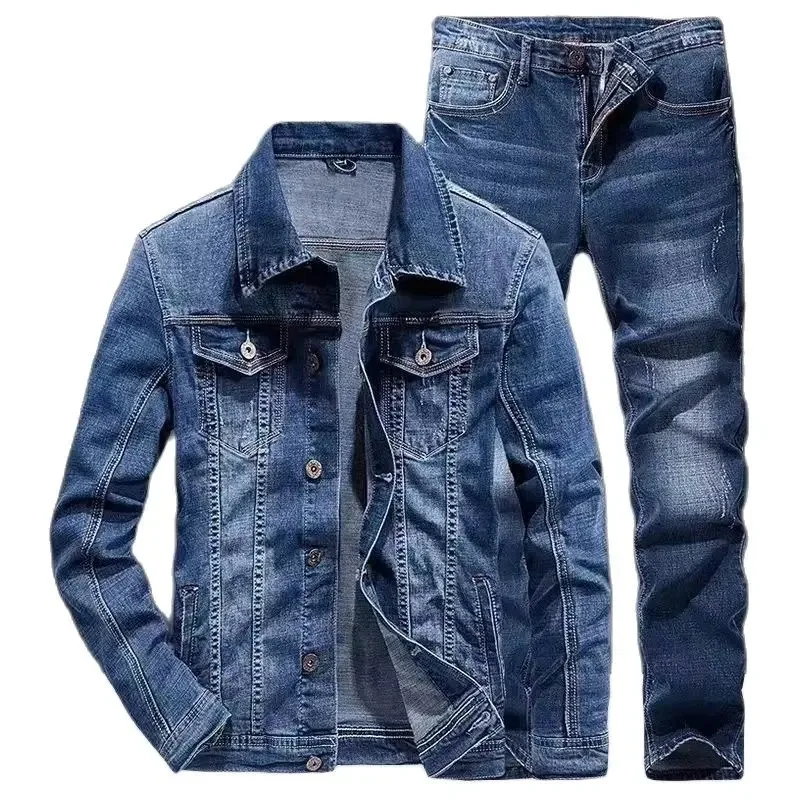 Men A Cowboy Suit Spring Slim Fitting Korean Version Casual Trend Social Youth Matching Coat Quality Denim Top Jeans 2-Piece Set