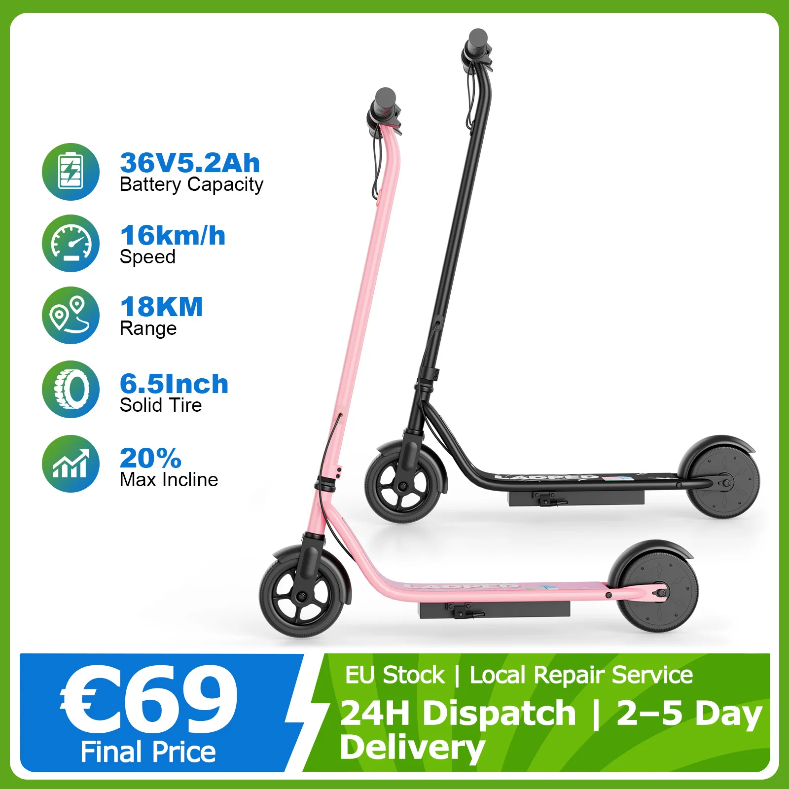 Monopattino Elettrico ATSANT S65 2026 per Bambini, Motore da 250W, Velocità Massima 16KM/H, Autonomia 18KM, Design Pieghevole, Display LED, Luci Colorate, E-Scooter per Bambini