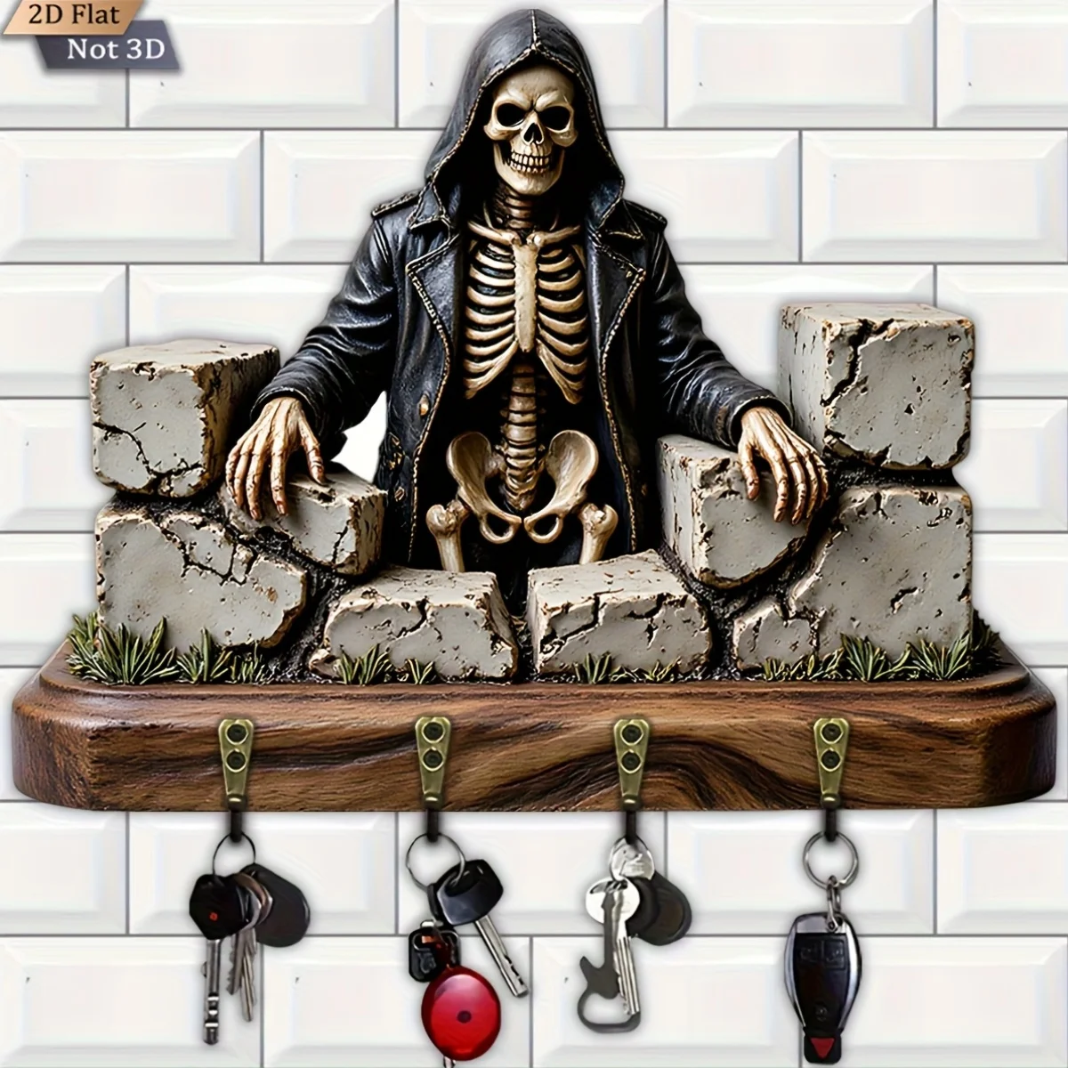 2D Flat, 1pc, Gothic Skull Theme Wall Clock, Wooden Multifunctional Home Key Holder with Four Metal Hooks, Wall Decoration,