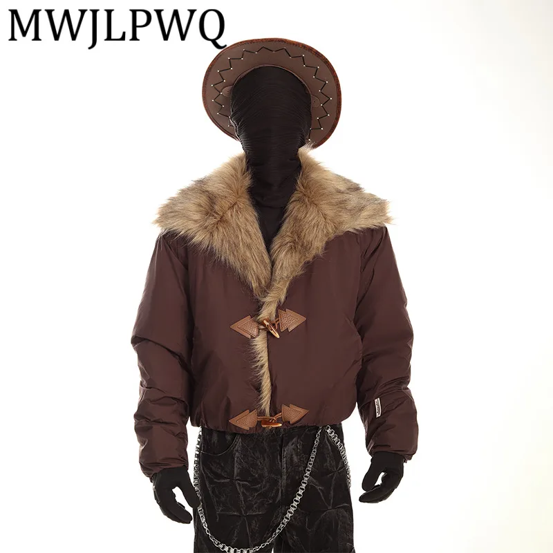 

MWJLPWQ пушистая короткая хлопковая куртка в стиле ретро с большим меховым воротником, мужская однобортная шикарная зимняя теплая толстая куртка унисекс 12795