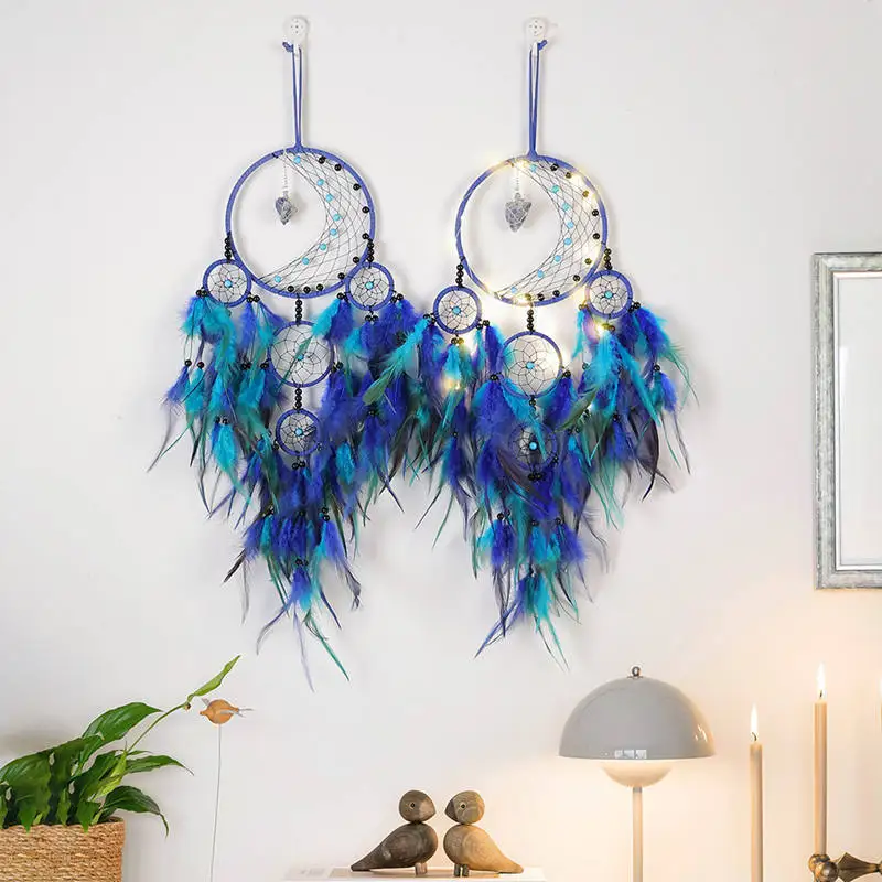 

Blue Dream Catchers Feather Boho Ornament for Bedroom Wind Catcher Moon Art Wall Hanging Home Living Room Interior Decorative