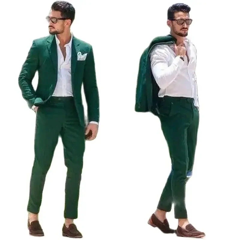 2 Piece Green Men Suits Single Breasted Notch Lapel Summer Blazer Chic Slim Fit Full Set Elegant Prom Party Jacket Pants Terno