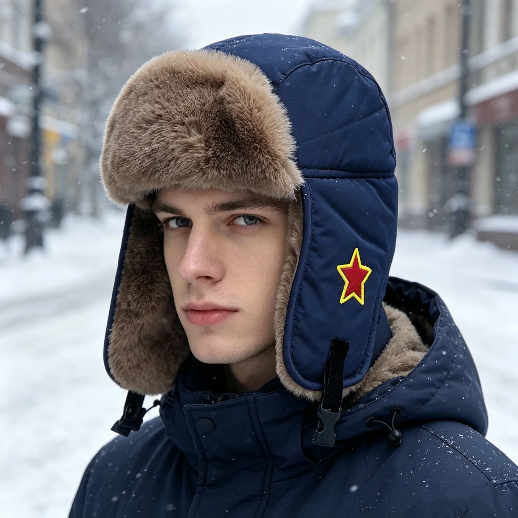 Men's Winter Ushanka Hat with Red Star Patch, Faux Fur Lined Earflap Hat, Windproof and Cold-Resistant Outdoor Ski Warm Hat