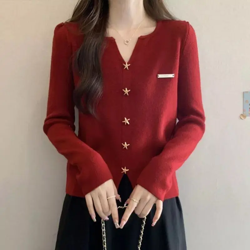 Korean All-match V-Neck Rivet Long Sleeve Pullover Solid Color Sweater Knitted Women's Elegant Autumn Winter Office Lady Tops