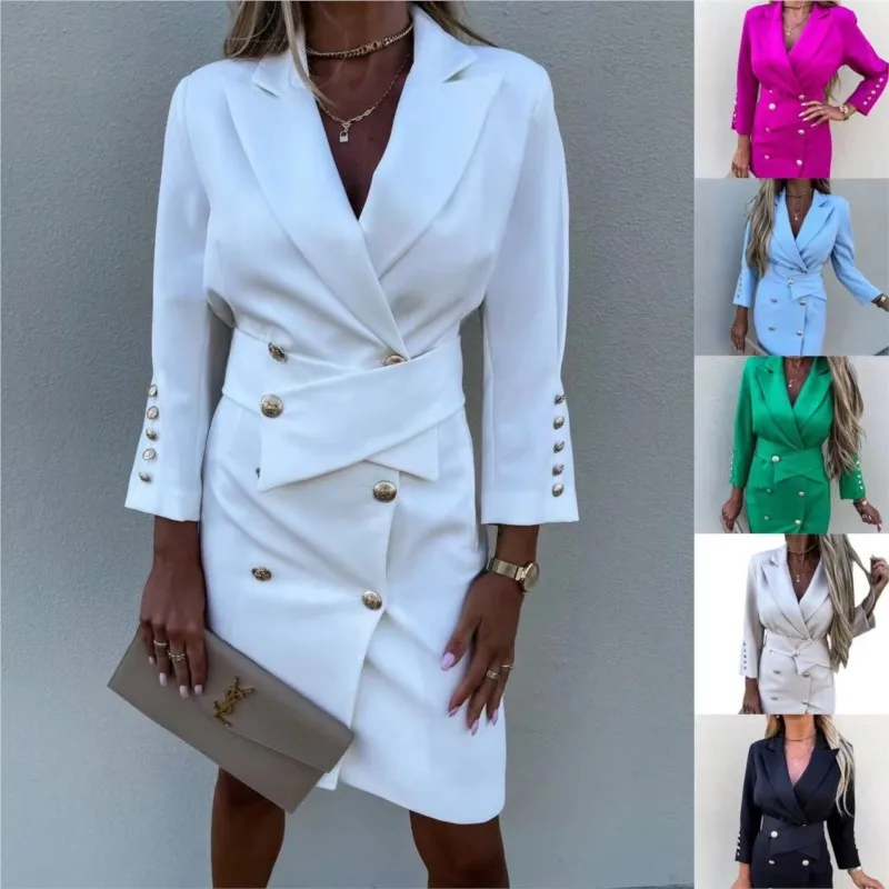 2024 Autumn fashion new suit collar slim fit and slimming double row button ins style solid color coat