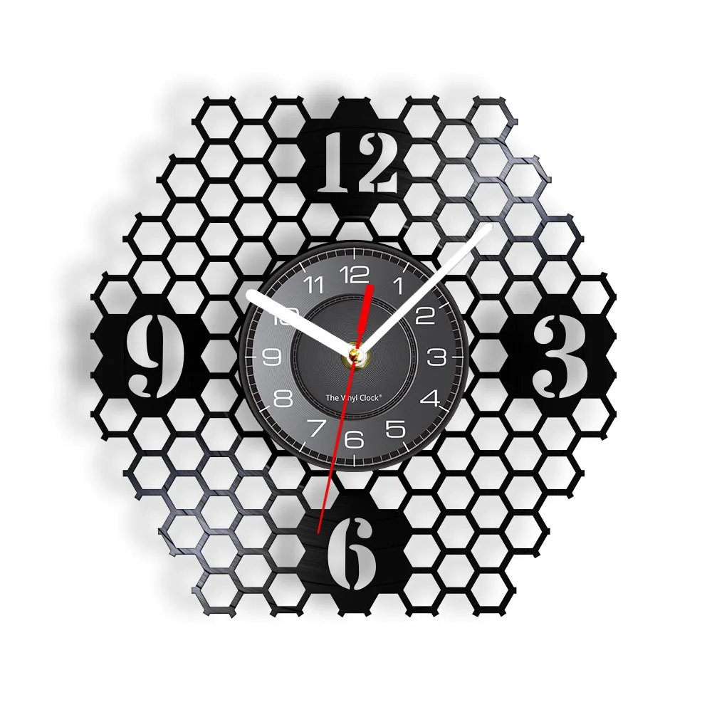 Honeycomb Inspired Vinyl Record Wall Clock With Non Ticking Silent Sweep Honeybee Geometric Minimalist Art Clock For Bee Farm