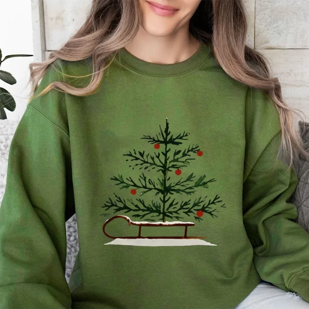 

Fanceey Christmas Tree Sleigh Print Unisex Sweatshirt Casual Fleece Women Pullover Winter Warm Hoodies for Women Xmas Gift