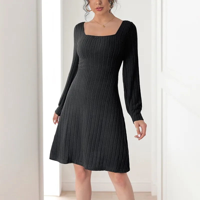 Solid Color Simple Women Dress Autumn And Winter New Knitted Dress Brushed Pit Striped Slit Square Neck Long Sleeved Black Dress