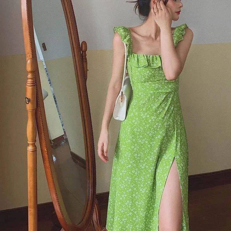 Women Dresses Sleeveless  Green Floral Square Neck Slip Dress Korean Style Tight Sexy Backless Mid-calf Dress for Women Clothing