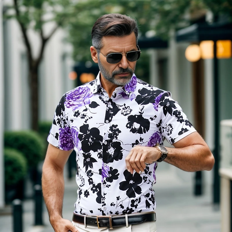 

7xl Mens Clothing Purple Summer Flower Hawaiian Dress For Stout Fashionable Beach Wear Printed Blouse Large Size Husband Shirts