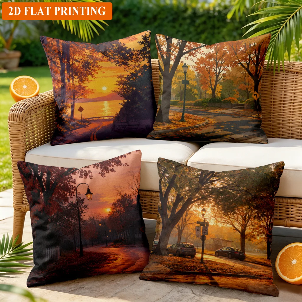 4pc Decorative Throw Pillow Covers Cushion Set Autumn Fall Nature Landscape Print Indoor Outdoor Home Decor Pillowcase
