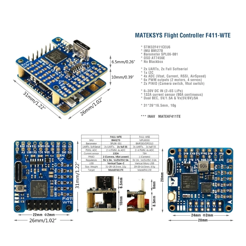 F411-WTE Flight Controller Built-in BEC5V Output 2-6S ESC90A Current Sensors for FPVs Fixed Wing Drones Repair Part