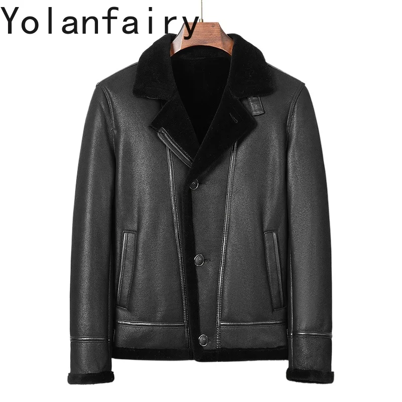 

YOLANFAIRY Genuine Sheepskin Leather Jackets Man Winter Fashion Motorcycle Leather Coat Warm Wool Lining Short Mens Fur Coat