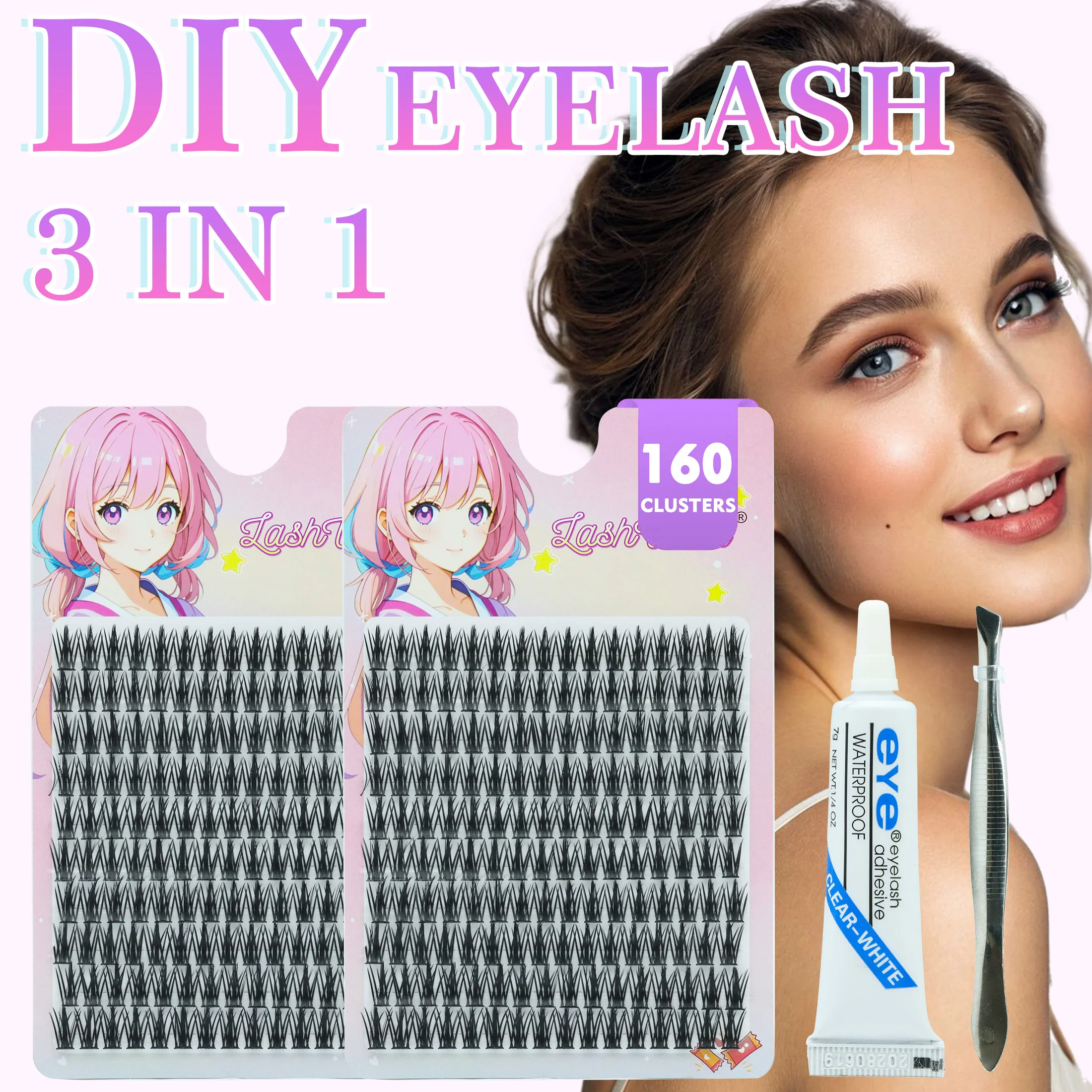 160 Clusters Tarwe Spike Wimpers Kit DIY Wimperextensies met lijm en pincet voor natuurlijke cosplay