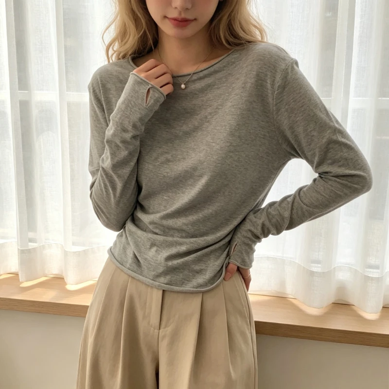 Spring Autumn Women Korean Solid Gray Crinkled Long‑Sleeve T‑Shirt Thin Basic Casual Fashion Blouse Versatile Daily Ladies Tops